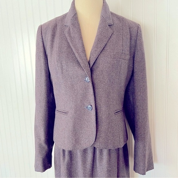 Vintage Purple Suit Matching Skirt and Blazer Coord Set Neck Tie Wool Career - Picture 5 of 12